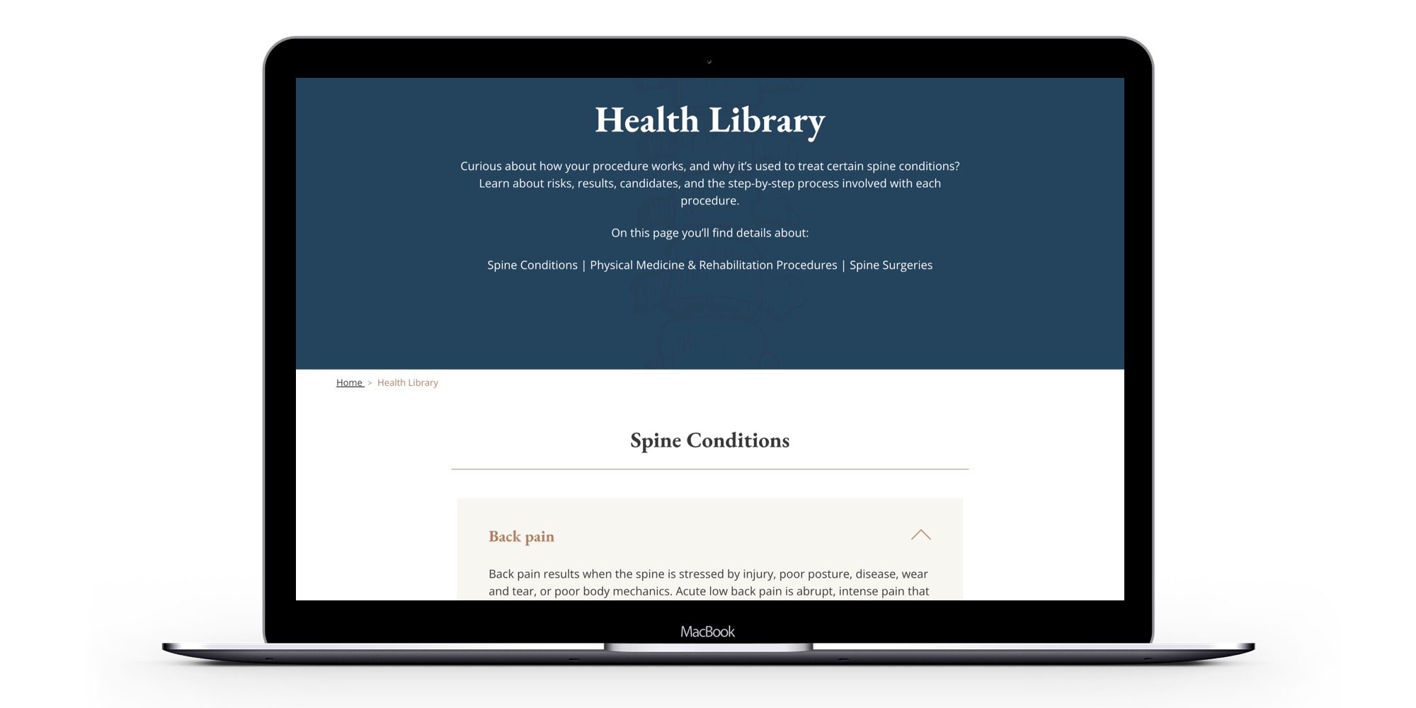 Healthcare library web page for Mayfield Spine Surgery Center on a Macbook