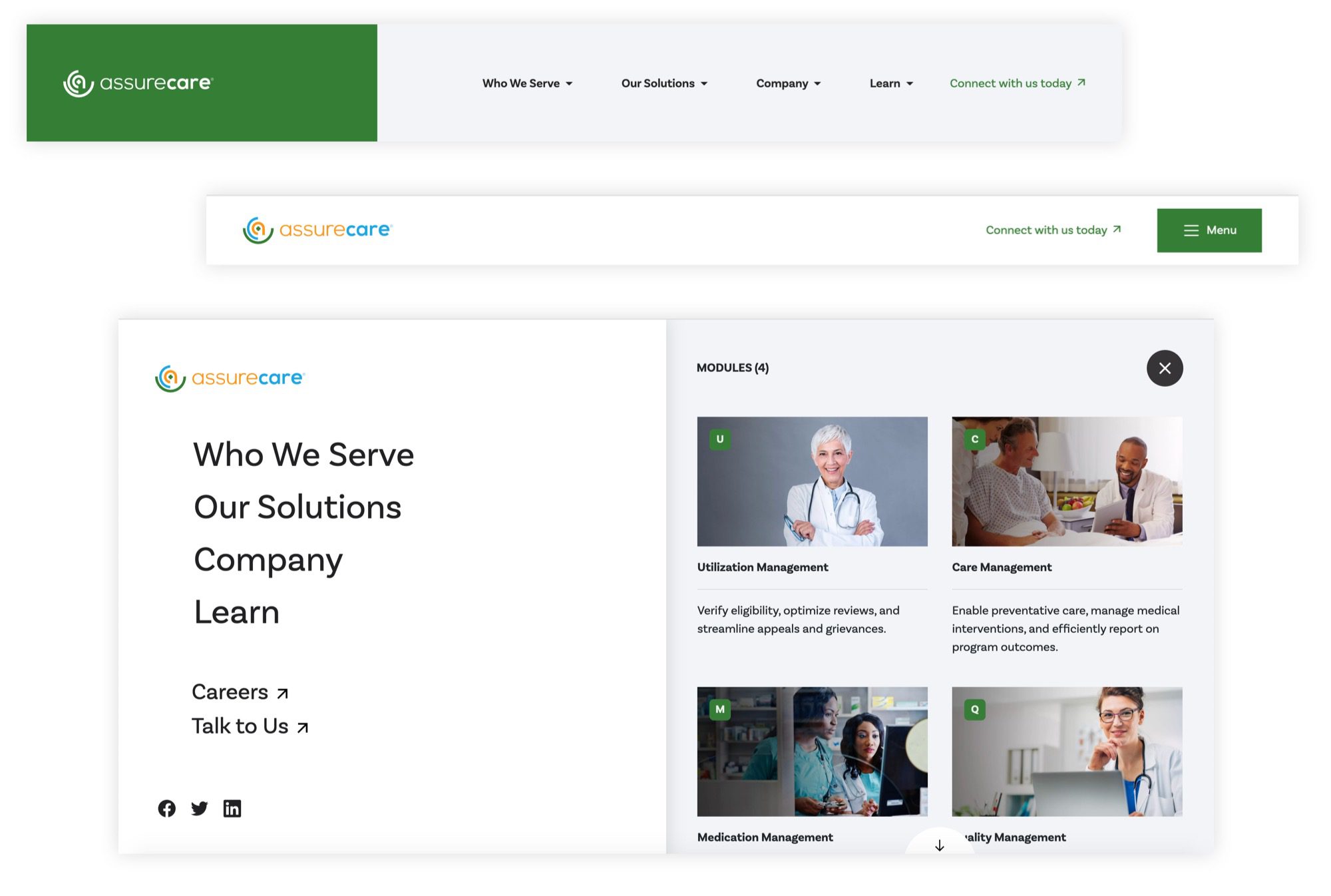 Healthcare website design for AssureCare's navigation menu
