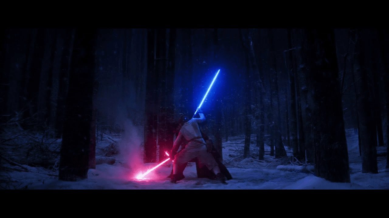 Rey v. Kylo Ren Lightsaber Battle in Forest